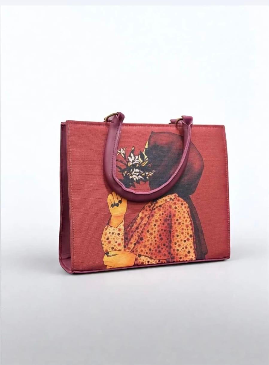 Hijabi Girl-Inspired Tote Bag – Elegant Blue & Red for Modest Fashionistas